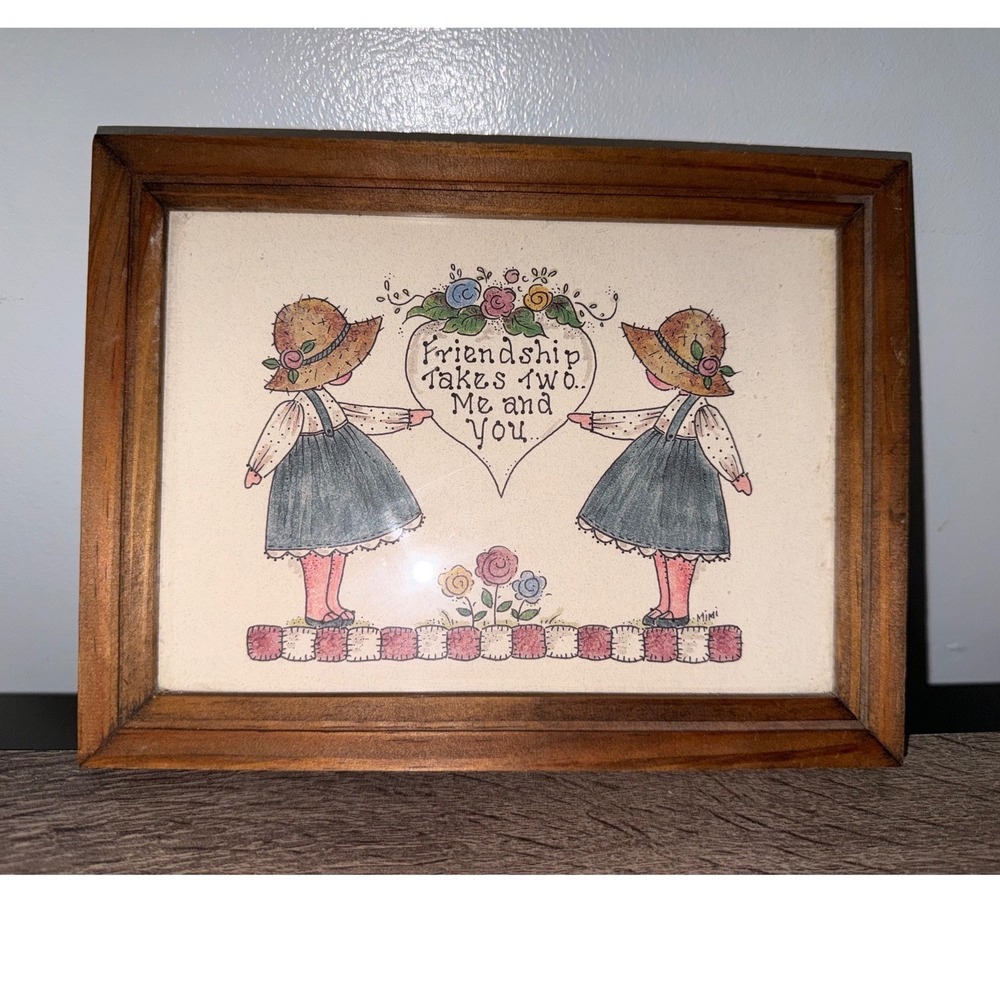Vintage Friendship Takes Two Framed Art Wood Frame Cottagecore Wall Decor